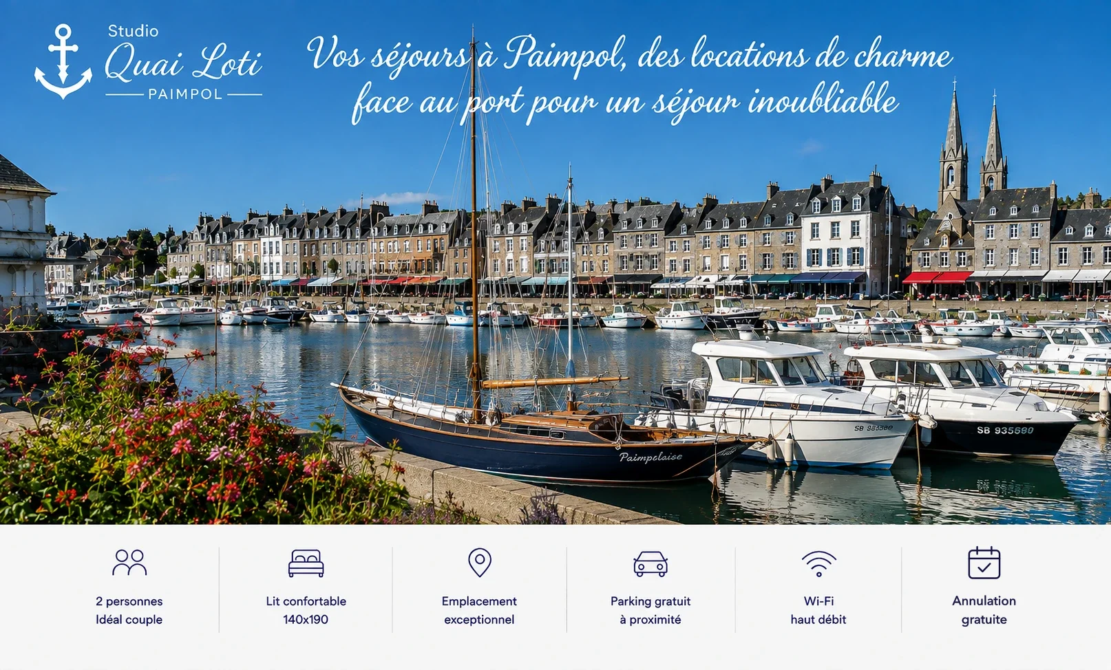 Studio Quai Loti, Paimpol : vos séjours à Paimpol, des locations de charme face au port. 2 personnes, lit confortable 140 × 190, emplacement exceptionnel, parking gratuit, Wi-Fi haut débit, annulation gratuite.